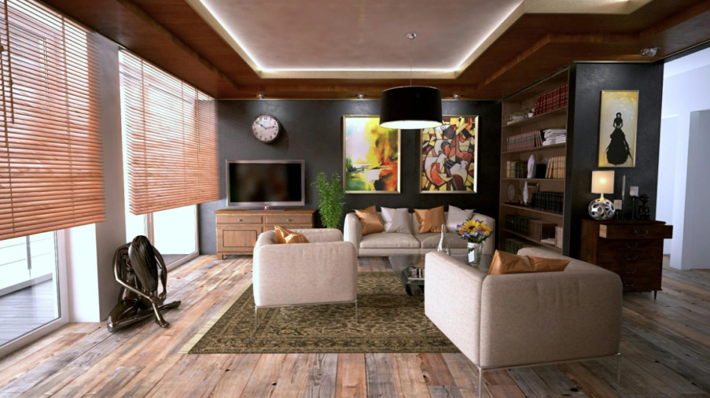 A living room with a mix of light and dark elements, and modern furniture
