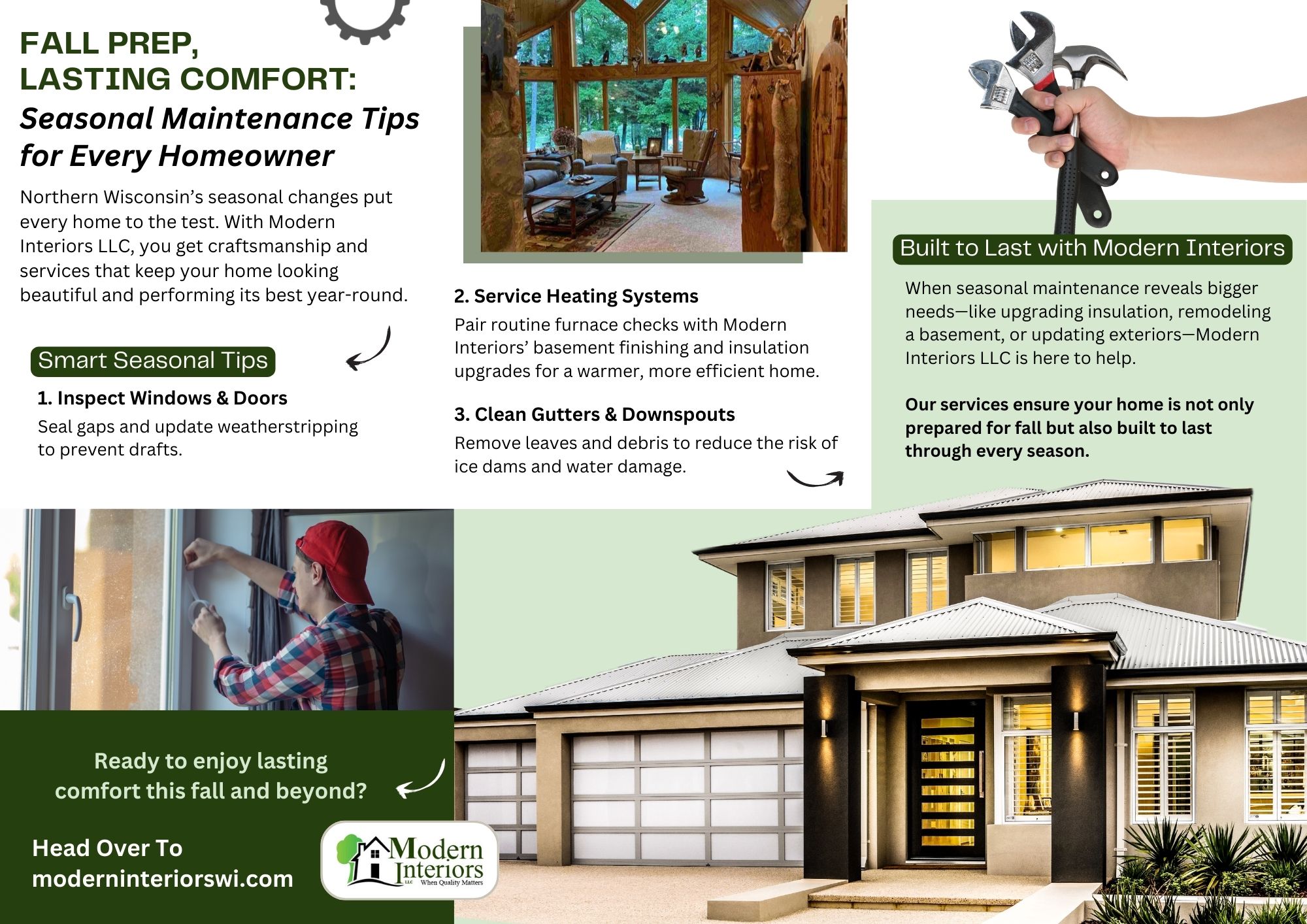 Infographic with seasonal home maintenance tips including inspecting windows and doors, servicing heating systems, and cleaning gutters. Designed for Modern Interiors LLC, highlighting fall preparation and year-round comfort.