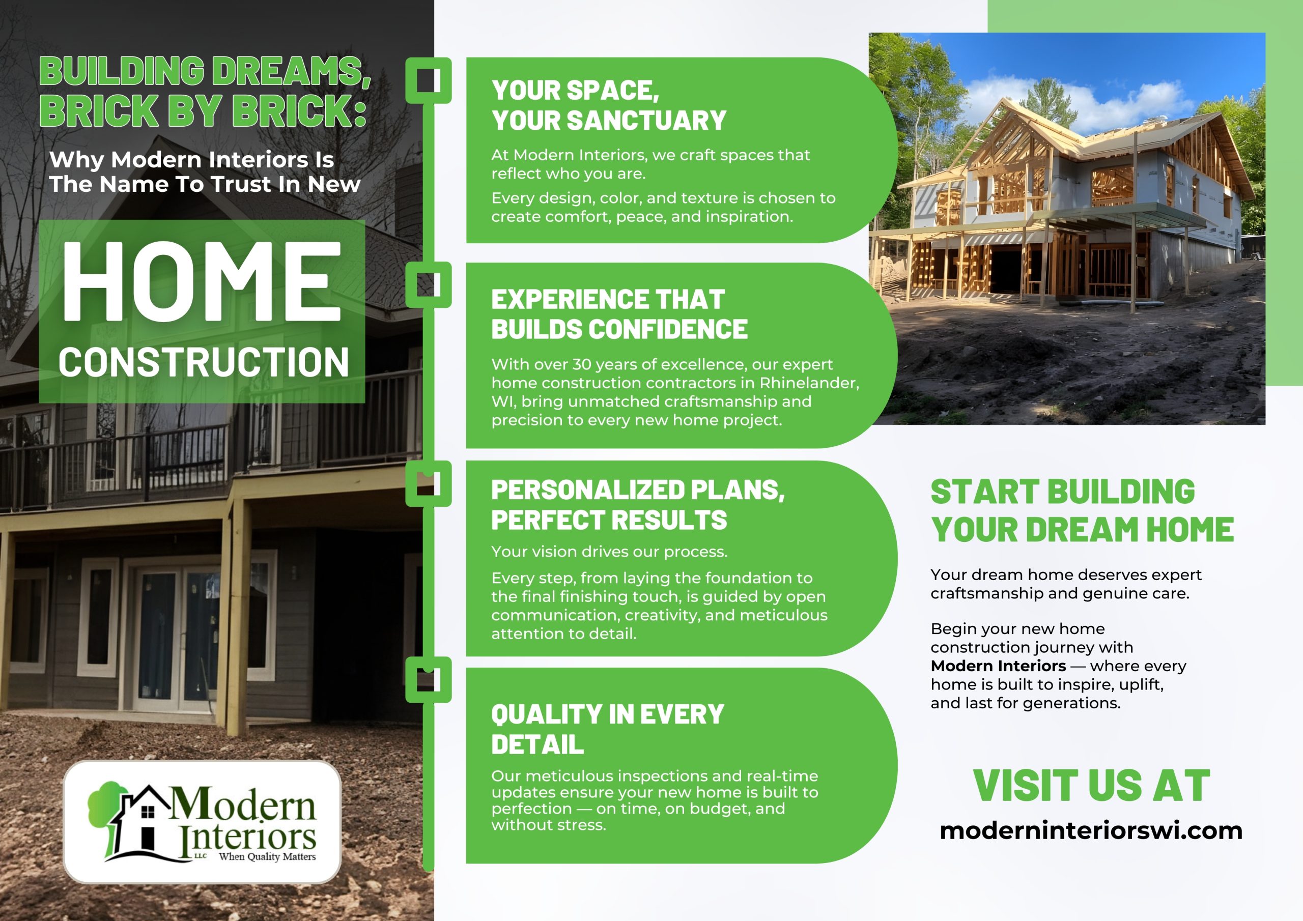 Infographic highlighting Modern Interiors’ expert new home construction services in Rhinelander, WI. Showcases personalized design, 30+ years of craftsmanship, detailed quality checks, and a customer-focused approach that transforms home building into a seamless, inspiring, and rewarding experience.