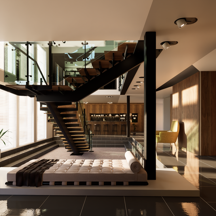 Two-story home interior featuring a central black metal staircase, tufted daybed, and dark flooring
