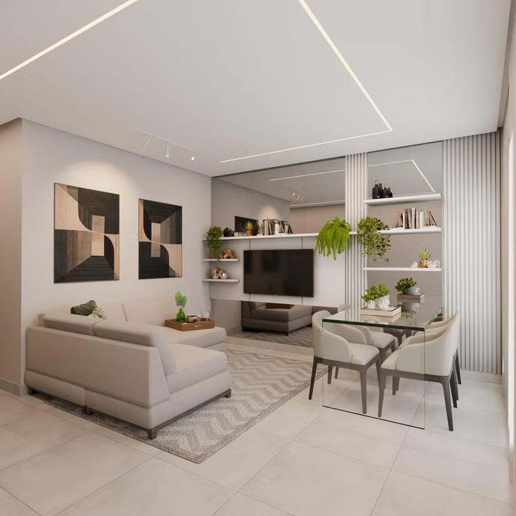 Bright living room with a white sofa, glass dining table, and TV on the wall